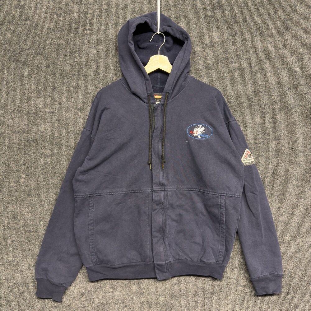 Bulwark FR Cat 2 SEH4 Men's Fleece Zip-Front Hooded Sweatshirt Navy Size L